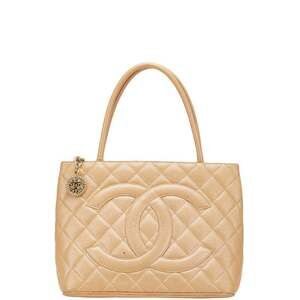 CHANEL Cream Caviar Leather Logo Tote Bag
